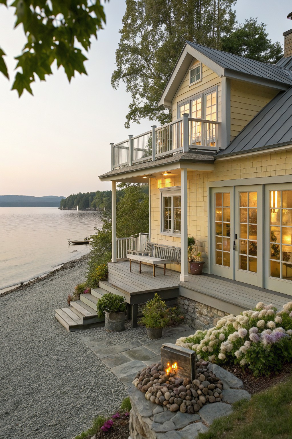 A yellow shingle house with gray metal roof, deck, balcony with metal railings, stone fire pit, hydrangea plantings, and pebbly shore by a lake at dusk.