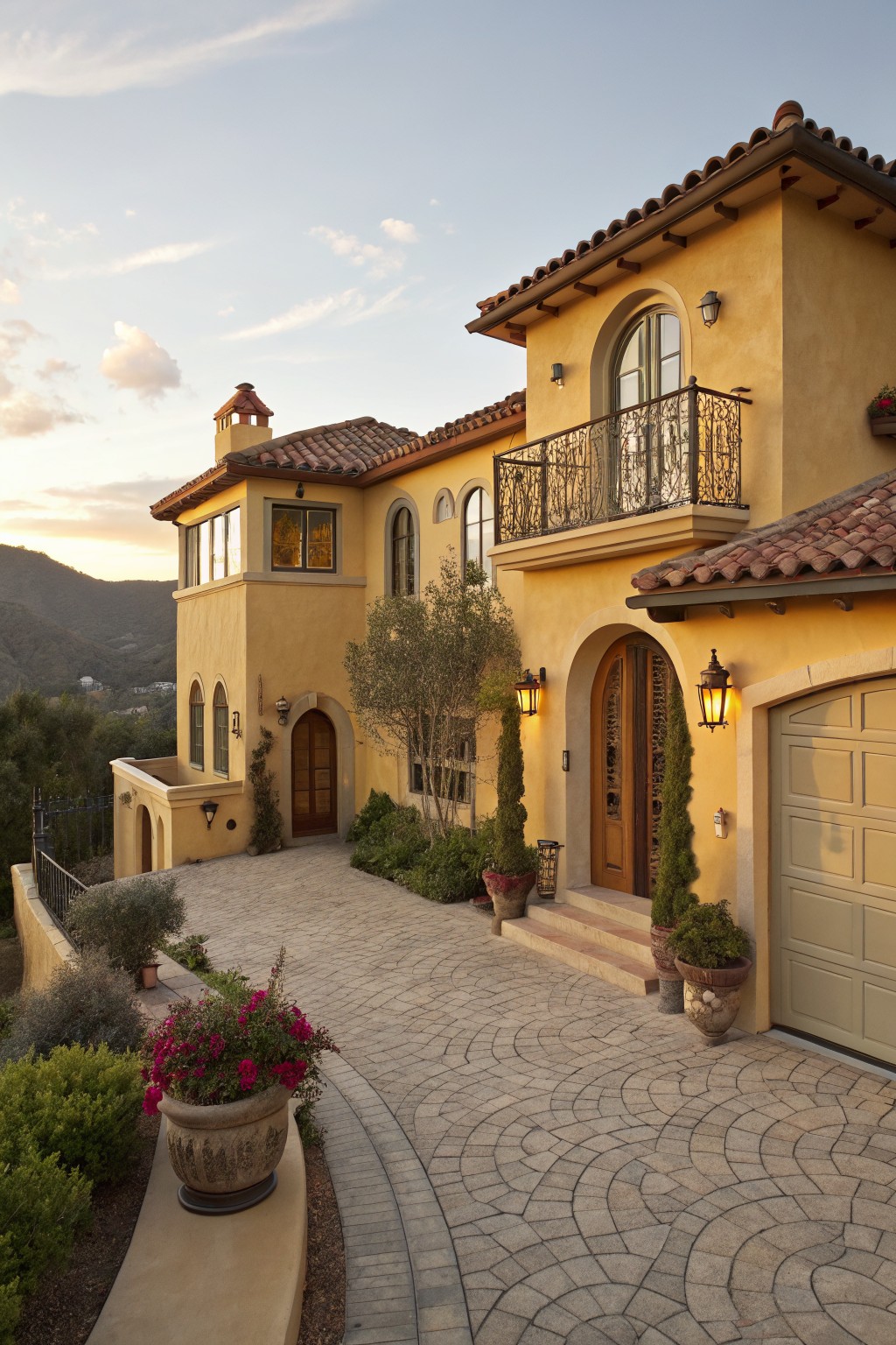 A two-story yellow stucco house with terracotta tile roof, arched wooden double doors, black metal lanterns, wrought-iron balcony railing, beige garage door, curved paver driveway with potted plants and shrubs, and hillside backdrop at sunset.