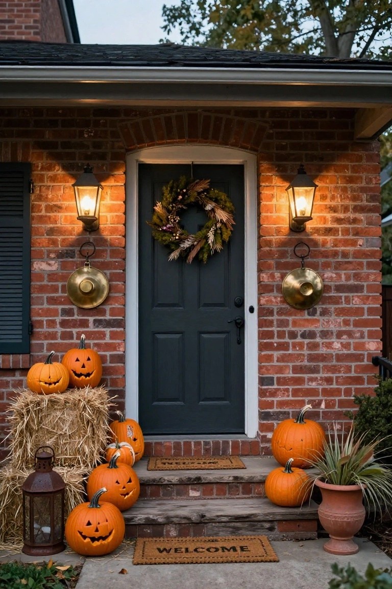 White clapboard house exterior with covered porch, wooden front door with autumn leaf wreath, copper lanterns on pillars, black lantern on porch, wooden chair with cushions, galvanized bucket, and assorted orange and white pumpkins on steps and porch floor.