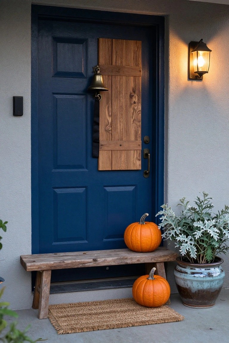 Stone pathway bordered by lavender plants leading to a wooden bench draped with a plaid blanket under a metal arch covered in peach roses, with a stone birdbath holding orange pumpkins, lanterns, and green hedges in a garden setting.