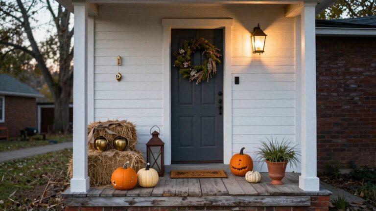 White clapboard house exterior with covered porch, wooden front door with autumn leaf wreath, copper lanterns on pillars, black lantern on porch, wooden chair with cushions, galvanized bucket, and assorted orange and white pumpkins on steps and porch floor.
