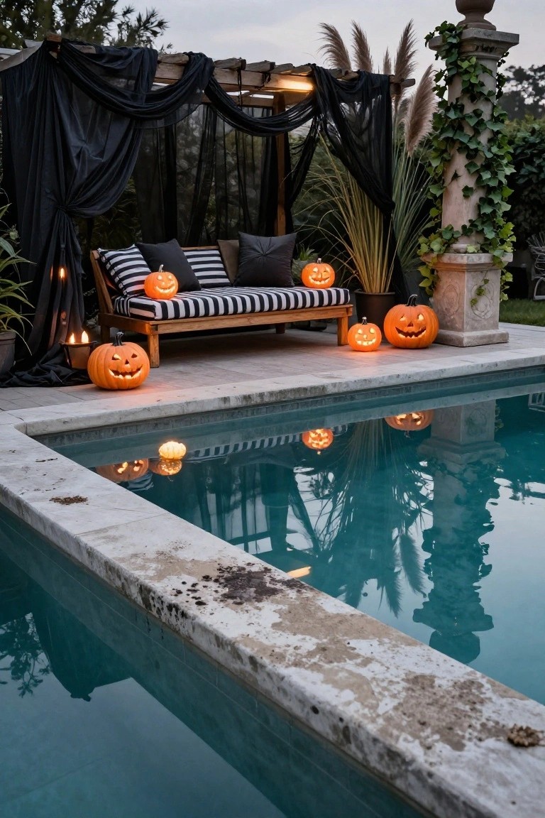 Balcony at dusk decorated for Halloween featuring three carved jack-o-lantern pumpkins on the wooden deck near a low wooden table, string lights along black railing with potted succulents, a hanging hammock chair with pillows, and a cushioned bench, with city buildings and streetlights in the background.