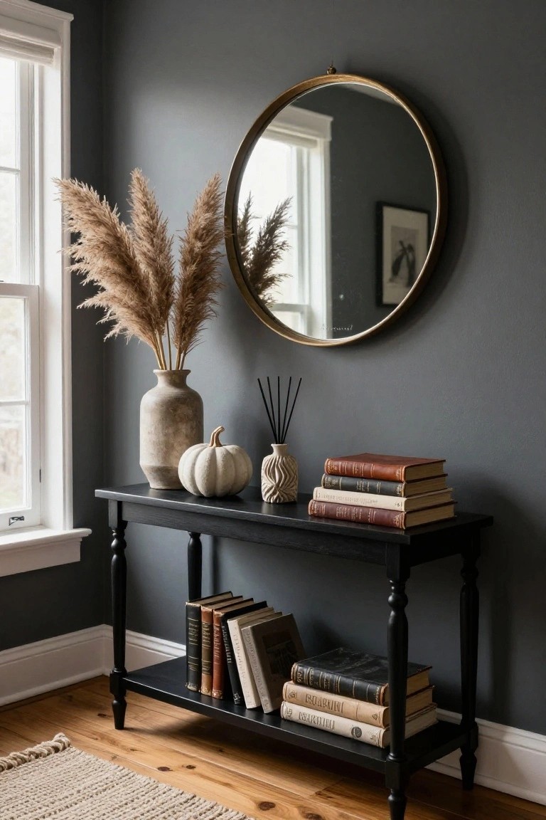 Dark wood console table in room corner displaying Halloween decorations including candles, pumpkins, faux skull, tiered stand with pumpkins, woven basket with plaid cloth, and plate of pumpkins on lower shelf, beside large round black mirror and window.