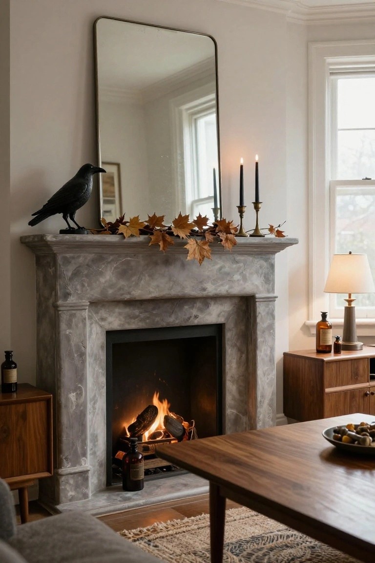 Living room fireplace with white mantel draped in copper leaf and eucalyptus garland, flanked by glass candles, purple velvet chairs nearby, gold skull, books, and carved pumpkin on black coffee table.