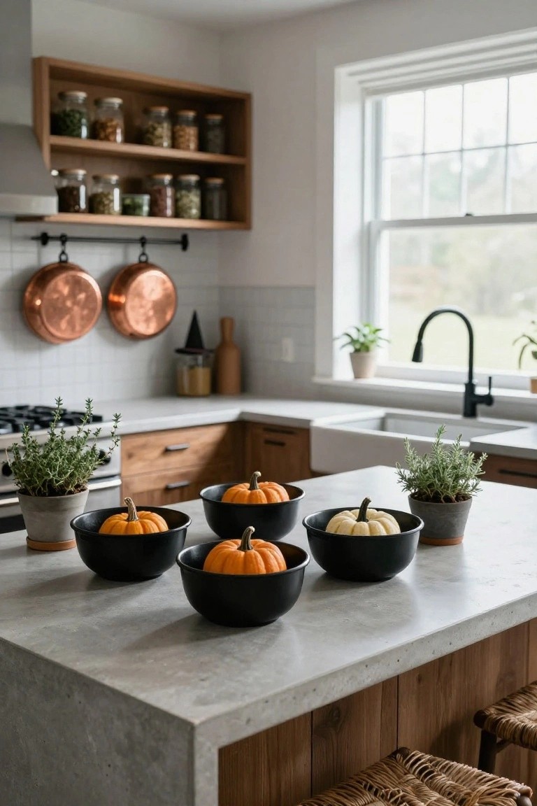 Modern kitchen island with a wooden tray holding mini orange and white pumpkins, black speckled salt and pepper shakers, and a mandarin orange, beside a black matte faucet and sink, with a gray linen towel draped over the edge.