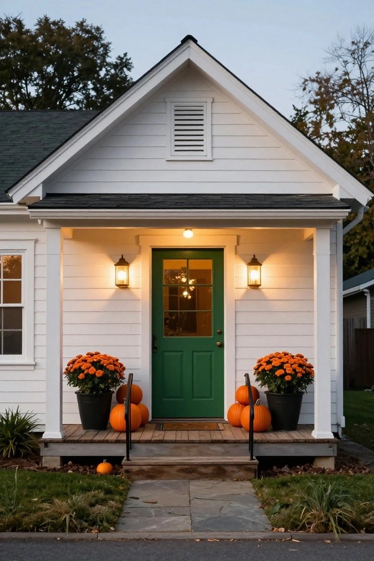 Wooden porch swing suspended by thick ropes from a pergola, covered in orange and patterned pillows with a cream throw blanket, string lights hanging above, potted plants and flowers nearby, and a carved jack-o-lantern pumpkin on a crate beside it.