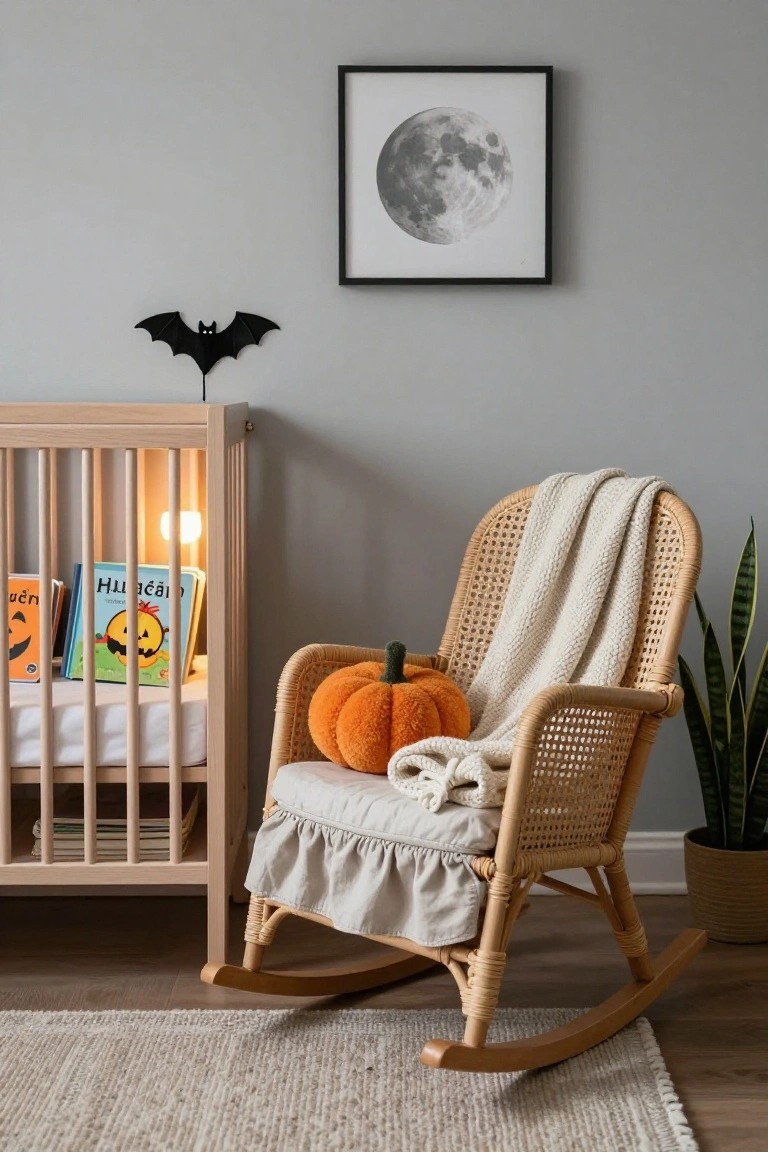 Rustic metal desk in brick-walled room with laptop, stacked notebooks, sealed beige envelope with wax seal, carved orange jack-o-lantern, white skull planter containing snake plant, black desk lamp, and framed vintage map on wall.