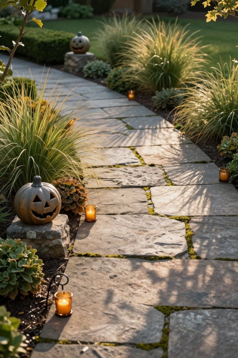 Front entry steps lined with carved orange pumpkins, small white pumpkins, and potted plants, next to wooden fence, bushes, pampas grass, and a black metal lamp post with gold mailbox.