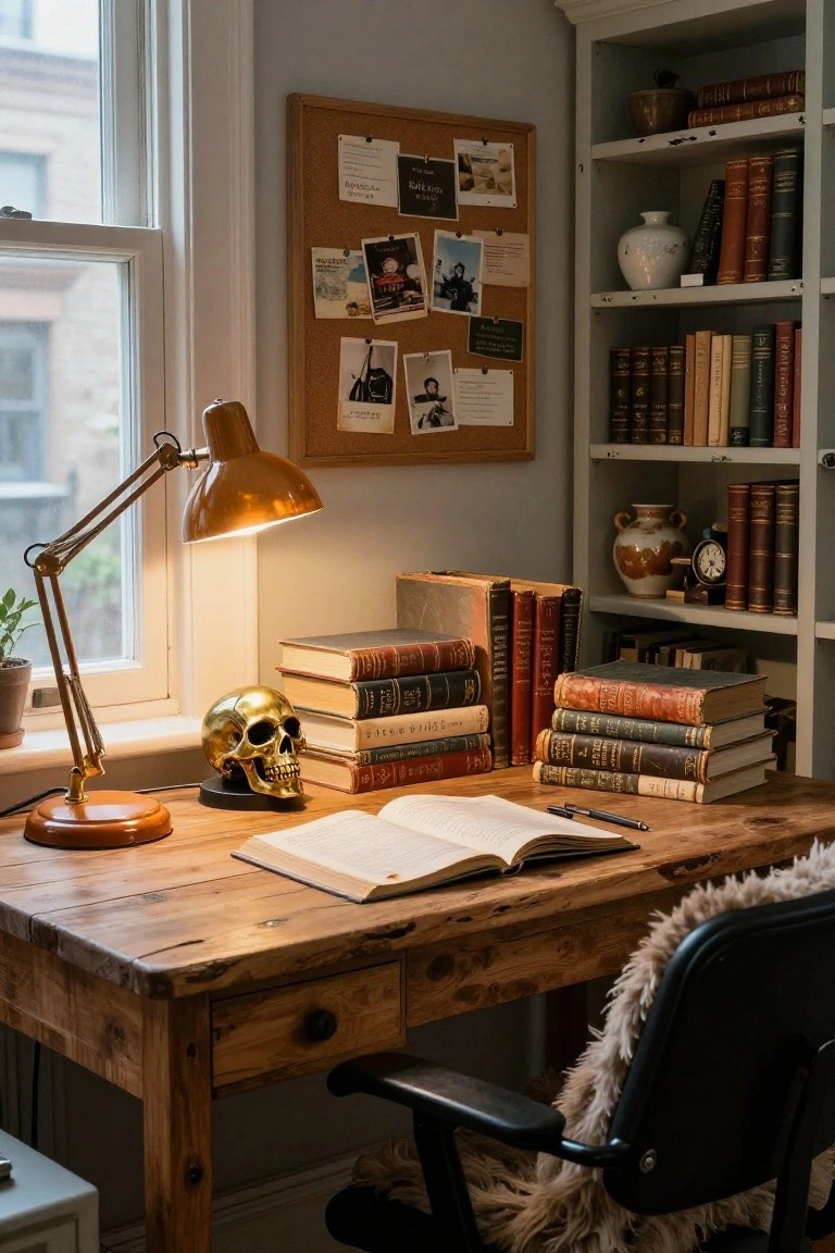 Dimly lit bedroom interior with charcoal gray walls, black velvet tufted headboard and pillows, beige silk-like duvet on bed, brass candelabras with burning candles on nightstand and shelf, black roses on shelf next to vintage globe, stack of leather-bound books, and wooden side table.