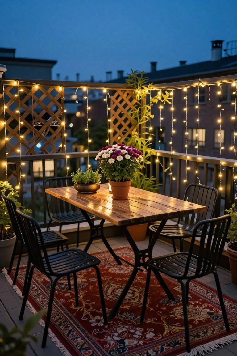 Covered outdoor patio at dusk with central round wooden fire pit table burning flames, surrounded by rattan lounge chairs and sofa with gray cushions and orange pillows, hanging dried corn stalks from pergola beams, lanterns, pampas grass planters, and orange plaid blanket.