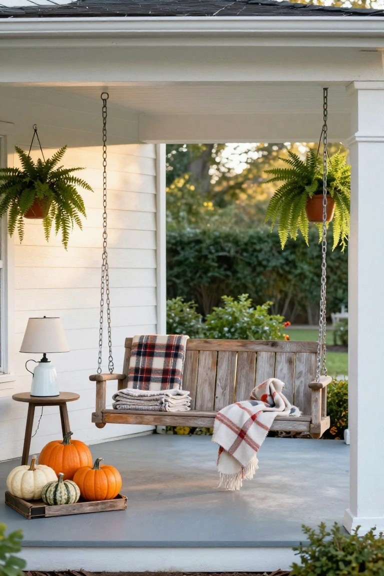 Front porch of a gray house with white columns, a dark wood door decorated with a wheat wreath and black bow, tall pampas grass in urns on each side holding small pumpkins, lanterns on the columns, and orange pumpkins on the steps under warm lights.