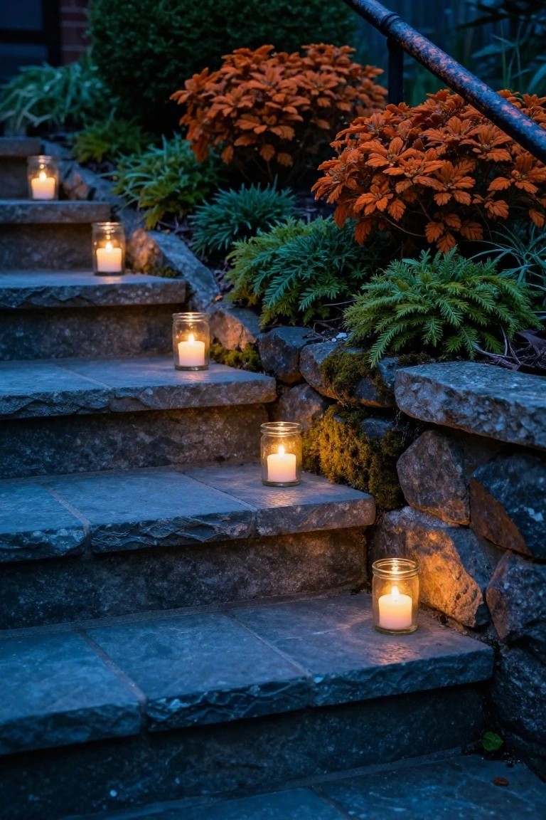 Rooftop terrace with gray L-shaped sectional sofa featuring orange pillows, central concrete gas fire table with flames, potted plants, Halloween pumpkins, string lights overhead, lantern on tripod, and city skyline view at dusk.