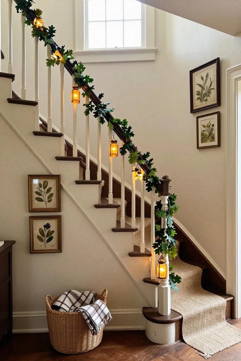 Wooden staircase with white railings wrapped in green faux leaf garland strung with small warm lights and amber glass lanterns, next to walls with botanical prints and a wicker basket holding a plaid blanket.
