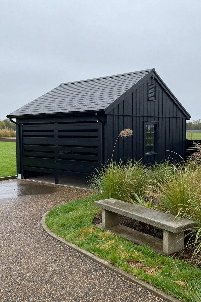Black board-and-batten wooden garage with slatted double doors, small square window, dark gray sloped roof, flanked by tall pampas grasses and a concrete bench on a curved gravel path edged with grass.