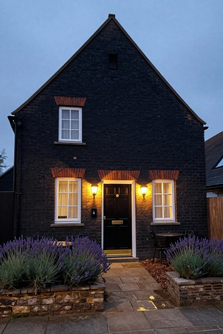 Black brick gabled cottage at dusk with red brick arches over white-framed windows and black front door, yellow lanterns lit on walls flanking the entry, lavender bushes in stone beds beside a wet stone path.