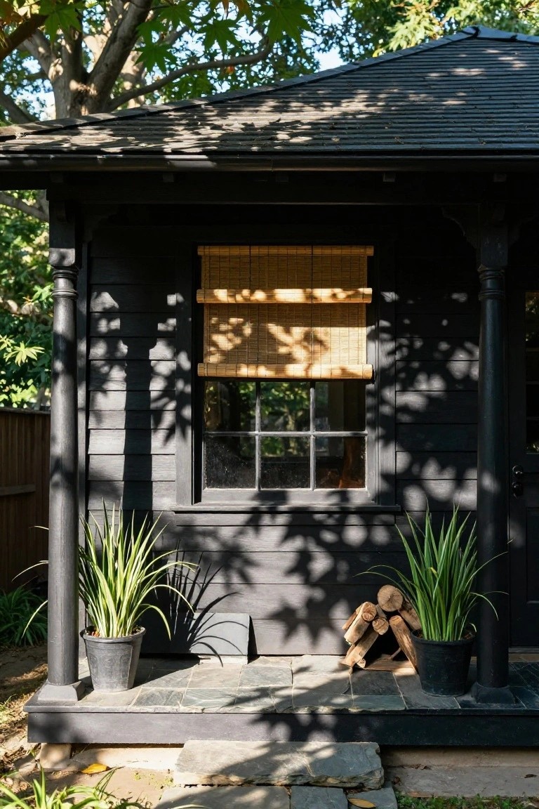 Black wooden cottage exterior with gabled roof, covered porch on columns, window with bamboo shade, potted grasses flanking the entry, firewood stack on slate steps, and surrounding trees and garden.