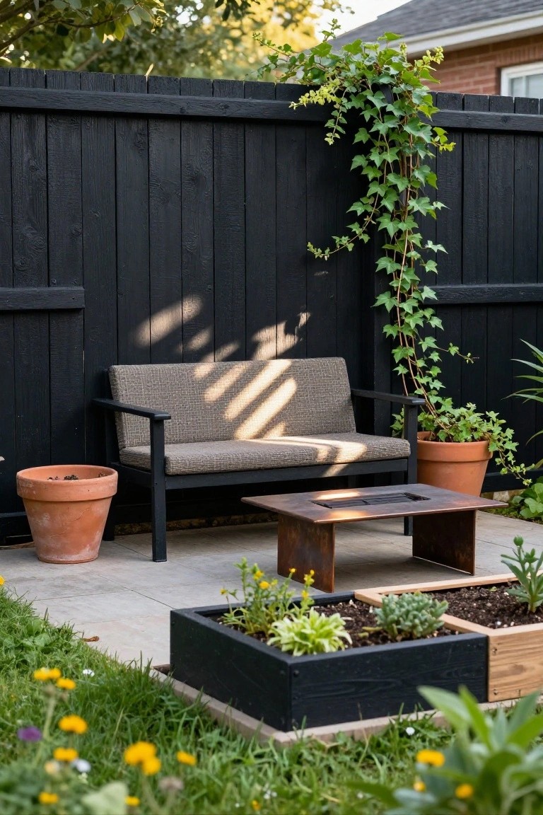 A beige fabric bench with black metal frame and a corten steel low table on a tiled patio against a tall black wooden privacy fence with climbing ivy, next to terracotta pots and black raised garden beds with plants, bordered by grass and flowers.