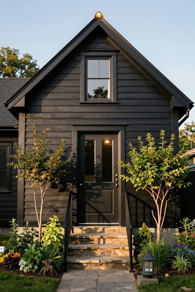 Front exterior of a small black wood-shingled cottage with gabled roof, central black double door entry on stone steps flanked by small trees and flower beds, plus a lantern light and pathway.
