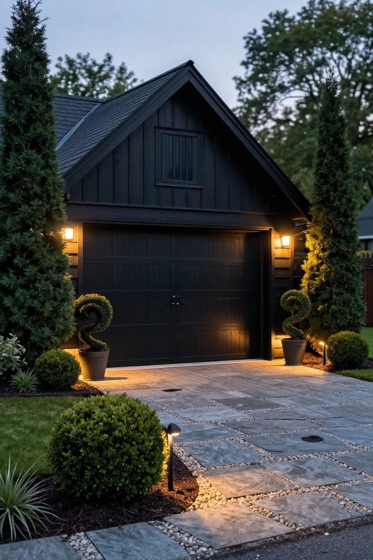 Black wood-clad gabled garage with double dark doors, flanked by tall evergreen trees and spiral topiary shrubs in pots, illuminated by wall lanterns and path lights on a slate-paver driveway at dusk.