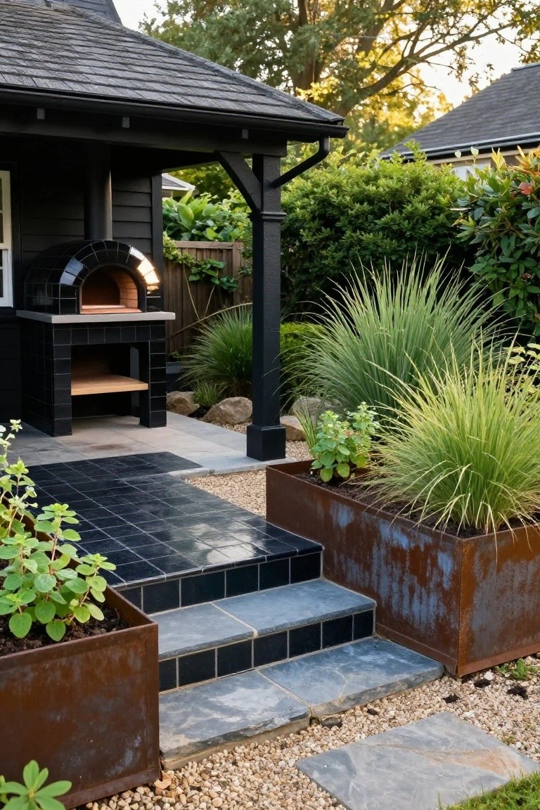 Black domed wood-fired pizza oven under a covered black porch with black tiled steps leading up, flanked by corten steel planters filled with grasses and low shrubs on a gravel and stone patio.