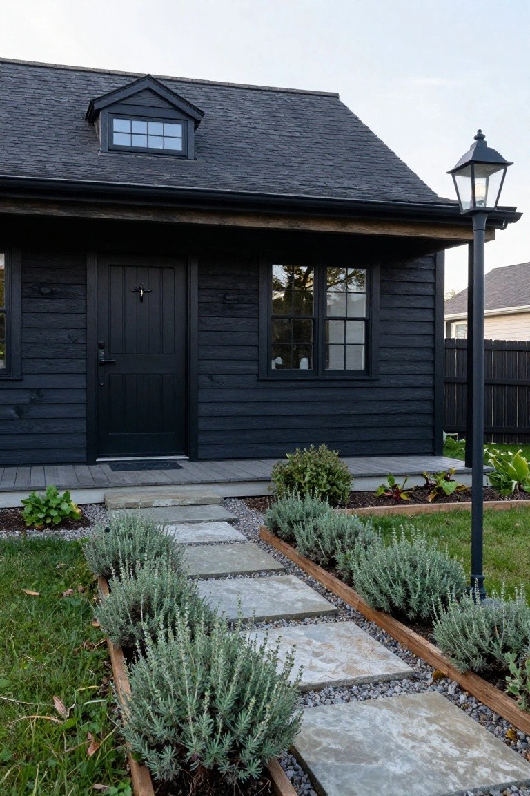 Small black shingled cottage exterior with gabled roof, dormer window, dark front door, black-framed windows, stone path leading to entry bordered by lavender plants and gravel, black lamp post beside the house.