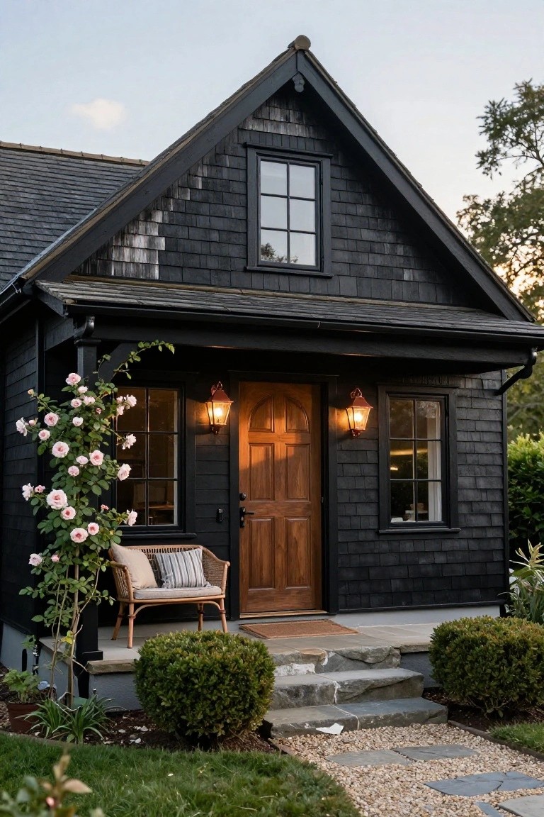 A small black shingle cottage with steep gabled roof, arched wooden front door, wall lanterns, climbing pink roses on left side, wicker chair on porch, boxwood shrubs, stone steps, and gravel path.
