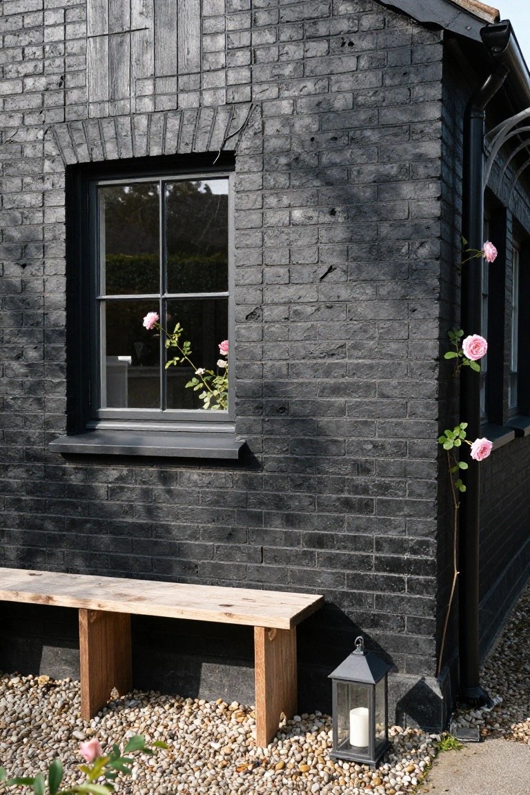 Black brick cottage wall with climbing pink roses around a multi-pane window, wooden bench, metal lantern with candle, and gravel ground cover.