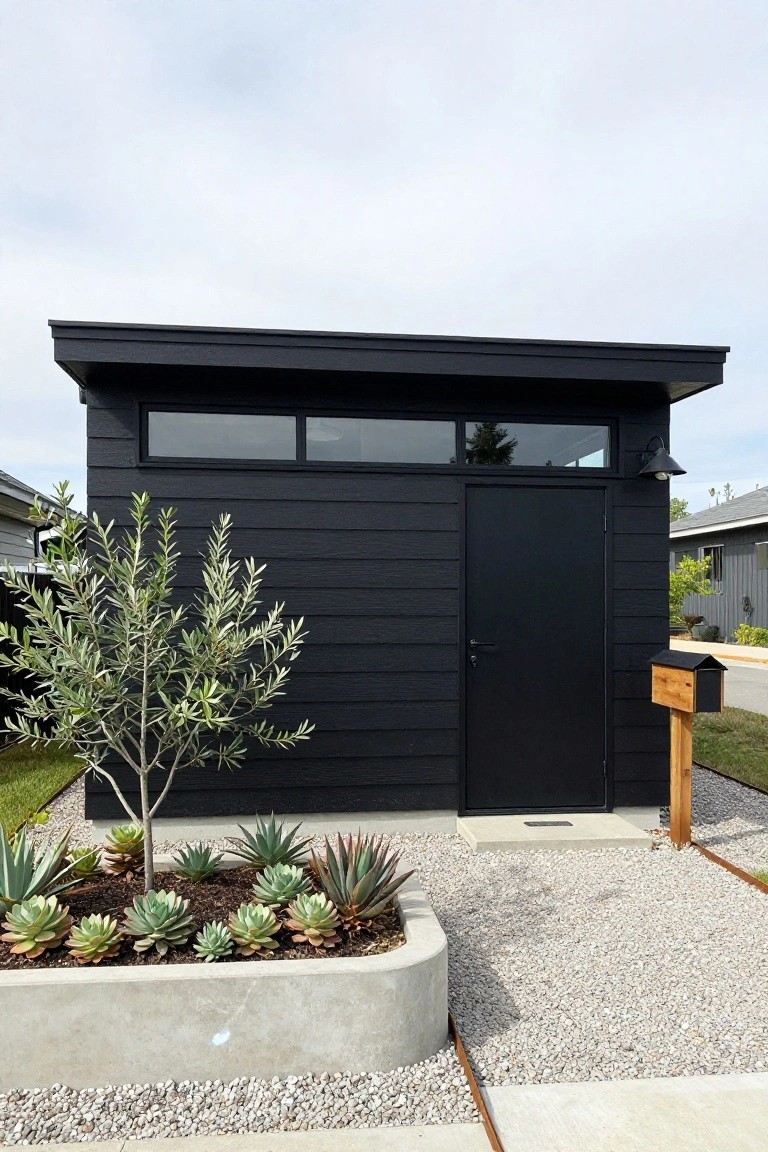 Small rectangular black cottage with horizontal siding, slim strip window above black door, olive tree, agave plants in curved concrete planter, gravel path, and wooden mailbox post.