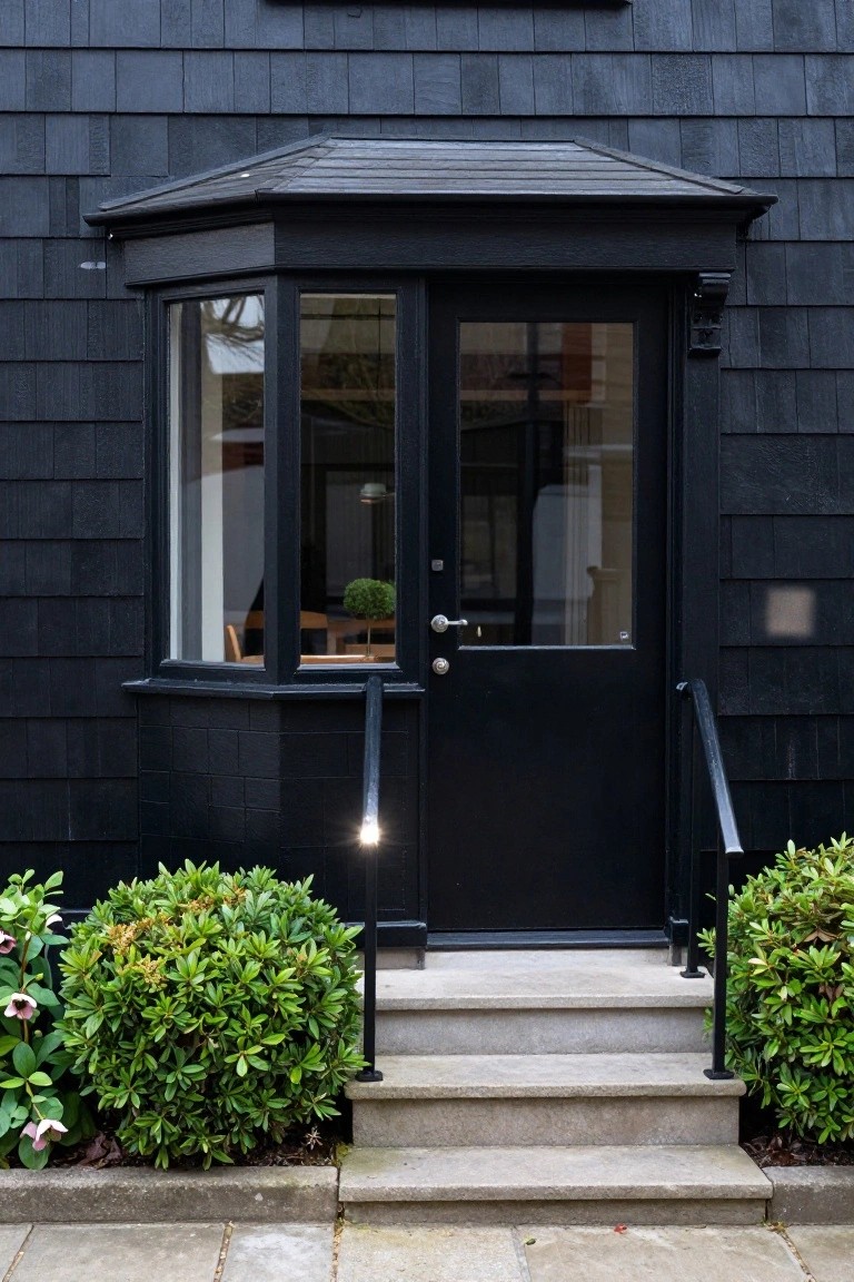 Black shingled house facade with a small bay porch enclosing a black double front door and windows, concrete steps with black railings, and boxwood shrubs on either side.