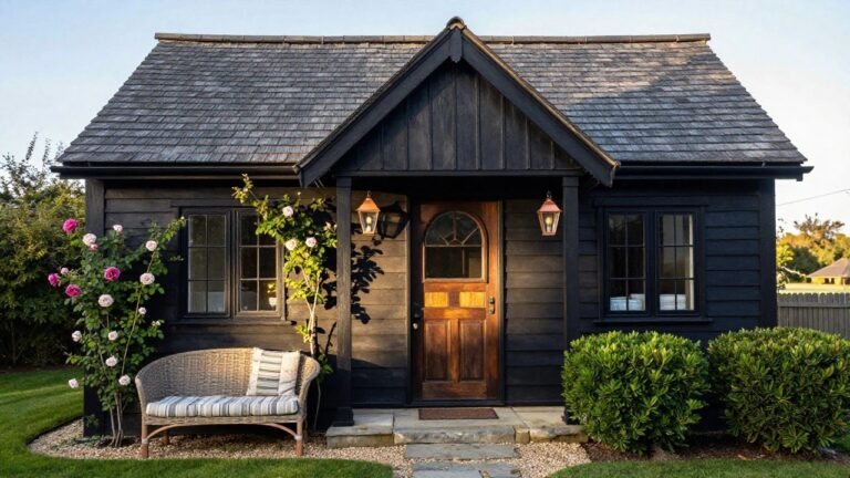 A small black shingle cottage with steep gabled roof, arched wooden front door, wall lanterns, climbing pink roses on left side, wicker chair on porch, boxwood shrubs, stone steps, and gravel path.