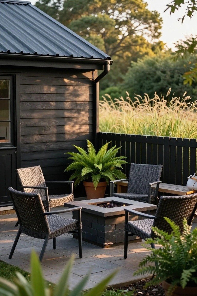 Patio with four gray woven armchairs around a square black fire pit table on gray stone pavers, next to a black wood and metal-roofed shed, black fence, potted ferns, and grass.