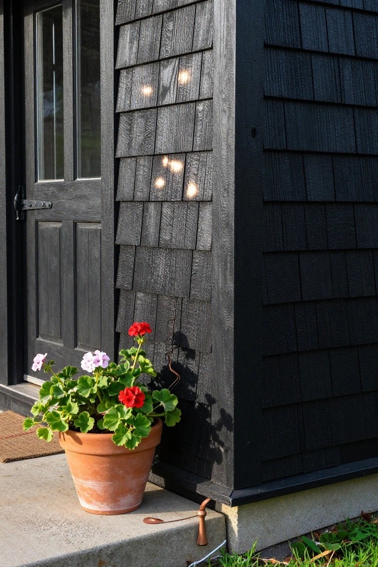 Black shingled corner of a cottage exterior with a dark paneled door, a terracotta pot of pink and red geraniums on the concrete step, and nearby grass.