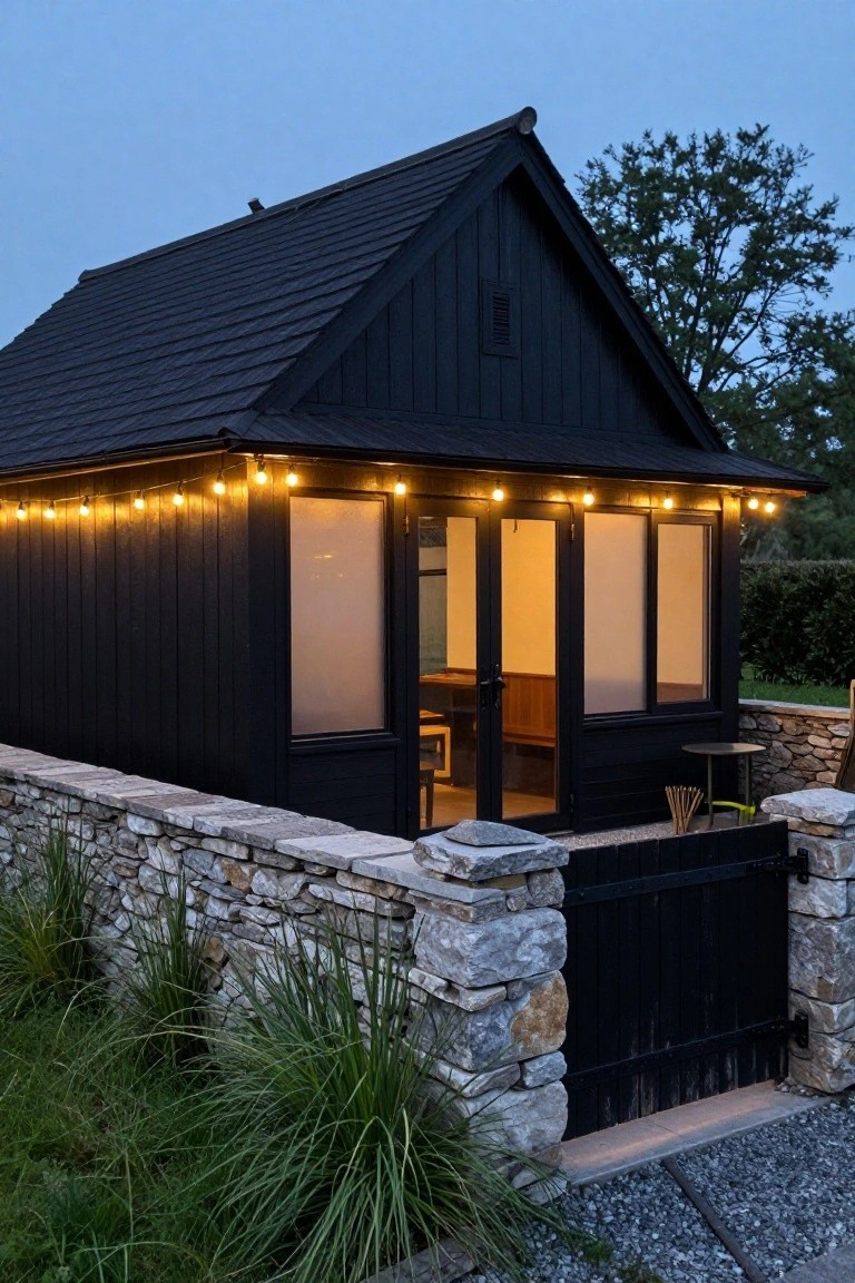 Small black wooden gabled outbuilding with dark shingle roof, string lights along eaves, frosted glass doors and side window, enclosed by stone wall with black gate and ornamental grasses, viewed at dusk.