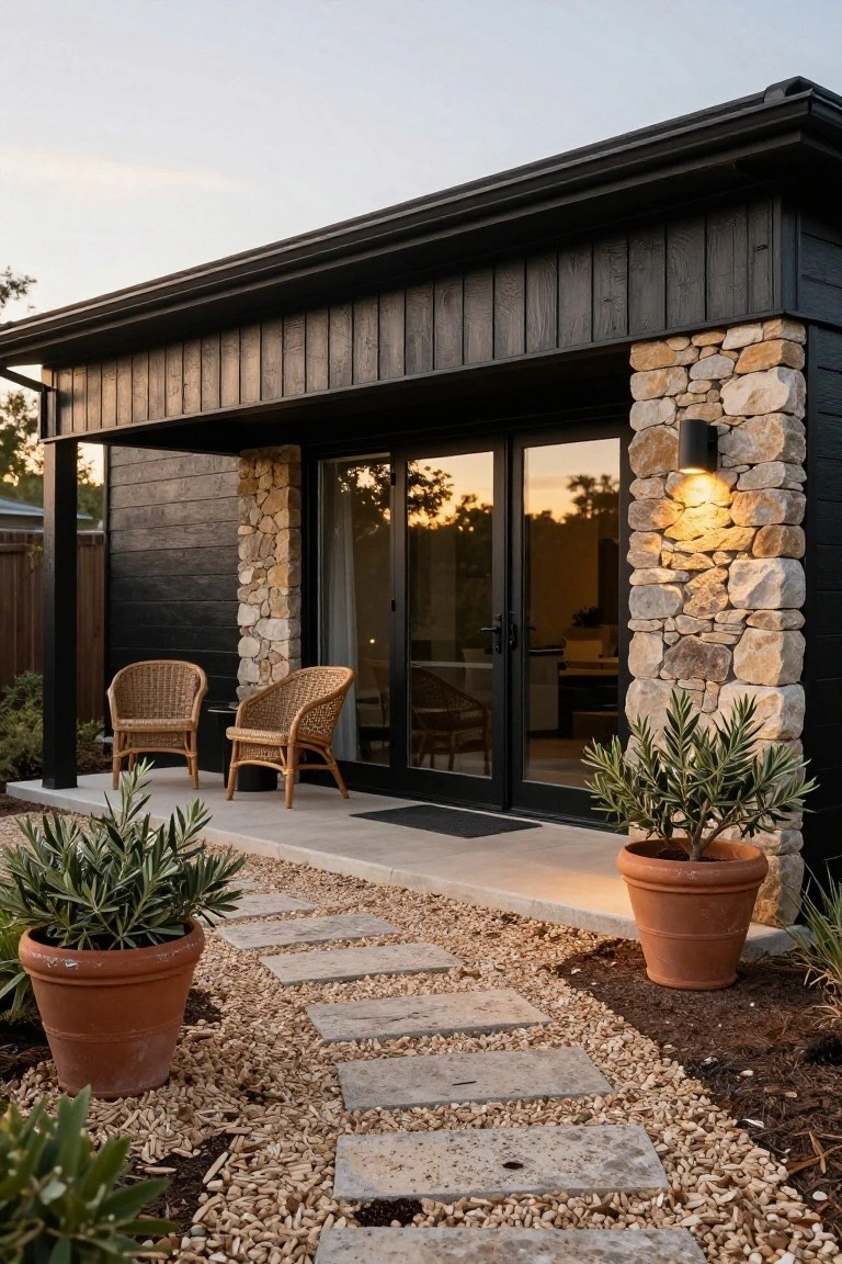 Exterior of a black timber cottage with stacked stone pillars, a covered porch holding rattan chairs, sliding glass doors, potted olive trees, and a stepping stone pathway on gravel at dusk.