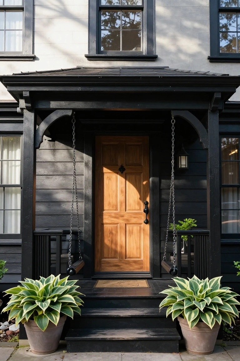 Black-shingled cottage house with white upper wall, covered porch featuring hanging swing and lanterns, wooden panel door, black steps, and two potted hosta plants.