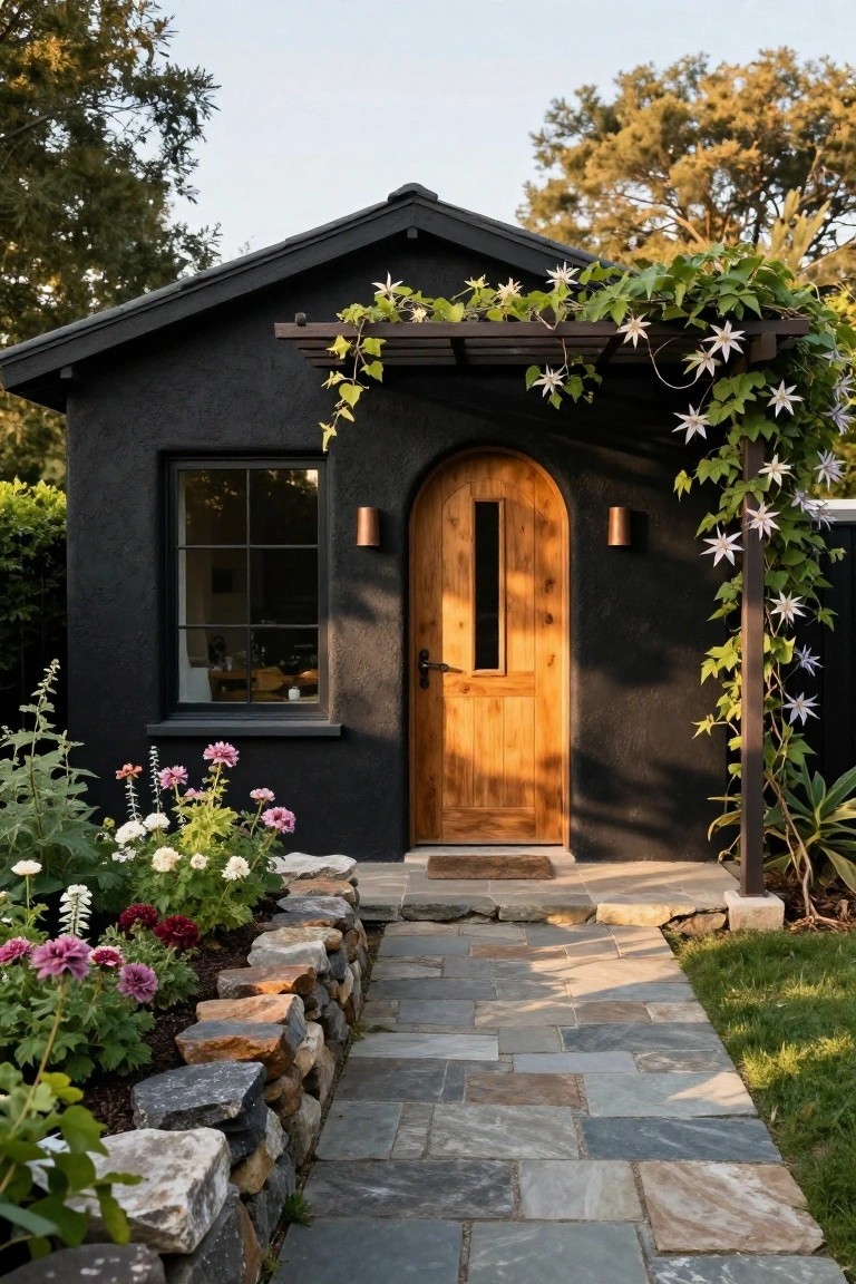 Small black stucco cottage with arched wooden entry door, black-framed window, copper sconces, climbing white star jasmine on pergola, flower beds, stone retaining wall, and flagstone pathway.