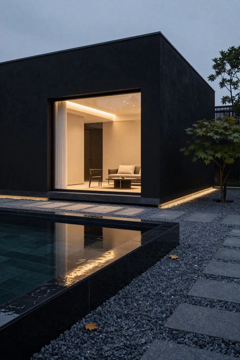 Corner of a matte black modern house at dusk with a large open glass wall revealing a warmly lit interior lounge area including a sofa, chairs, and low table; thin LED strips illuminate the base edges, reflecting in an adjacent rectangular pool with black stone edging, surrounded by gravel, stone pavers, and a small tree.