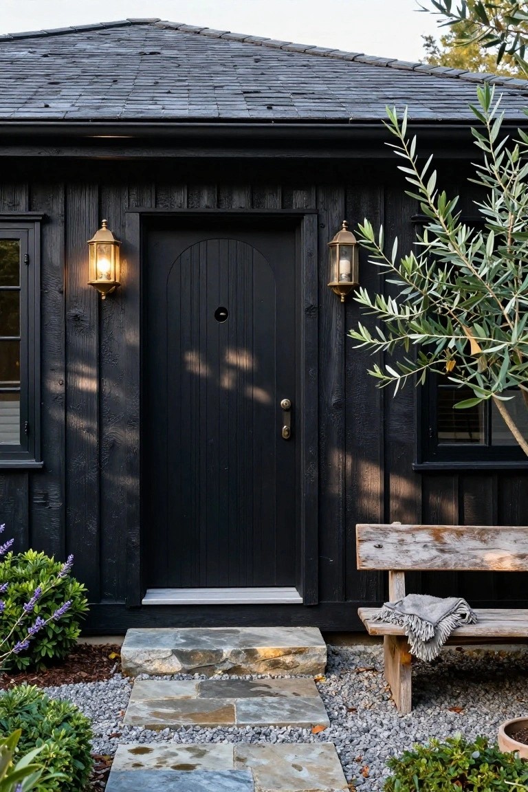 Black vertical board-and-batten house exterior with centered tall arched black front door, flanked by two lit brass lantern wall sconces, wooden bench with throw, stone steps, gravel ground cover, lavender and boxwood plantings, and olive tree.