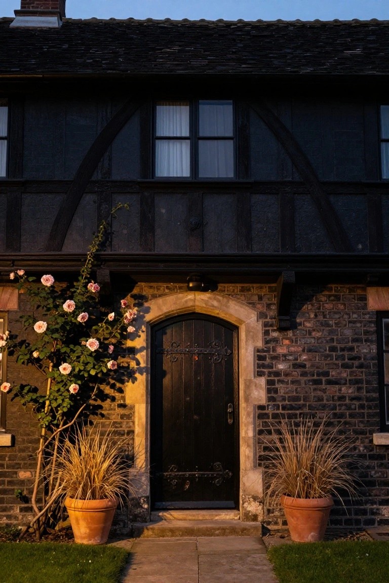 Two-story brick house exterior with black half-timber framing, arched black wooden front door, climbing pink rose bush on left, two large terracotta pots with ornamental grasses flanking the entry, at dusk with twilight sky.