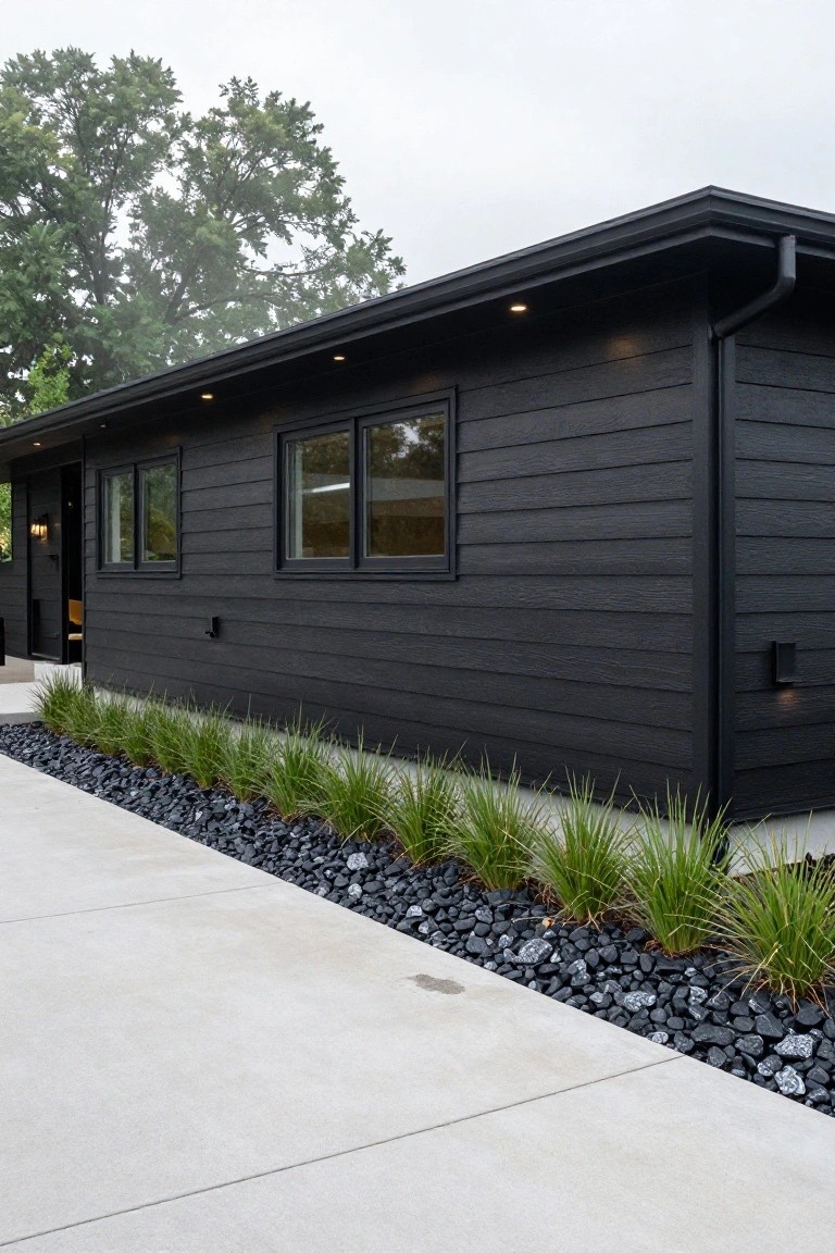 Side view of a modern single-story house with black horizontal siding, large windows, open entry door, concrete driveway edged by black gravel and tall ornamental grasses, trees and cloudy sky in background.