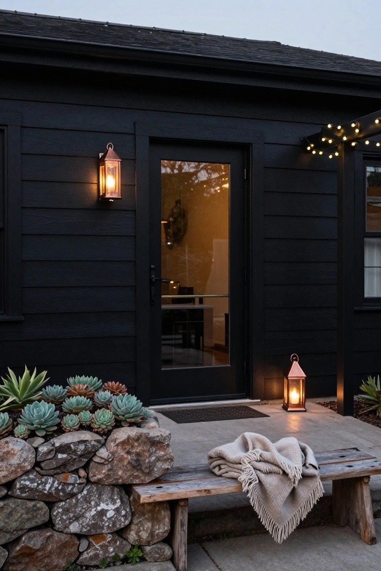 Black wood-clad house exterior at dusk featuring a lit glass entry door, copper lanterns on wall brackets, overhead string lights, potted succulents in a rock wall garden, and a wool blanket draped over a wooden bench by the steps.