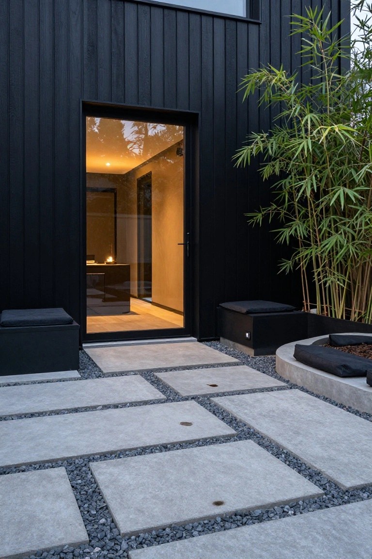 Black vertical wood-clad house wall with an open tall frameless glass sliding door revealing warm interior lighting near a black cabinet and candle, adjacent to a concrete paver patio with gravel, black cube benches, curved concrete planter holding bamboo, at dusk.