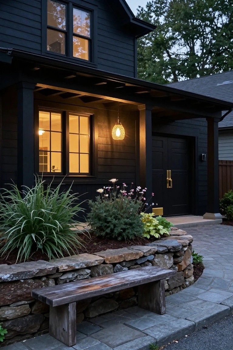 Black painted house exterior at night featuring a covered porch with warm hanging lantern, illuminated windows and black front door, stone retaining wall with wooden bench, plants, and paver pathway.