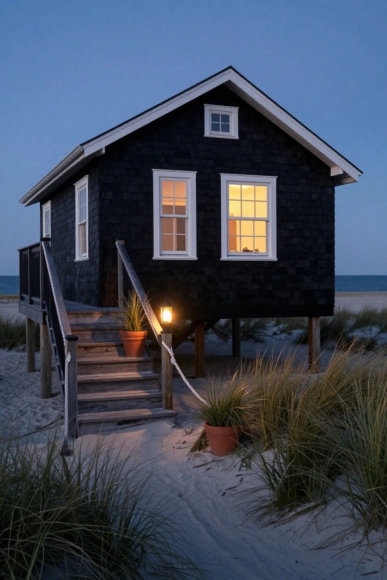 Black shingled house elevated on wooden pilings on a sandy beach at dusk, with warm light from interior windows, stairs leading to a deck, potted plants, beach grass, and a lantern light.