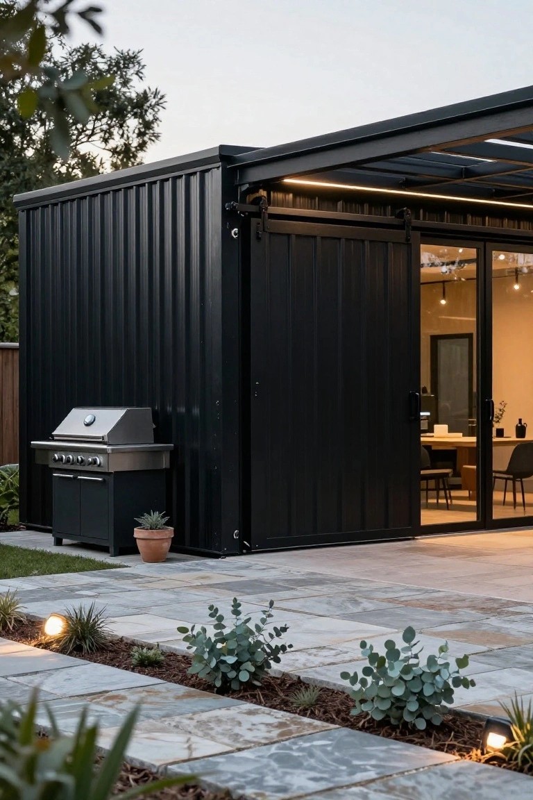 Black shipping container home exterior at evening with open sliding glass doors showing warm interior lighting, stainless steel barbecue grill beside it, potted plant, paver patio, and low landscaping with lights.