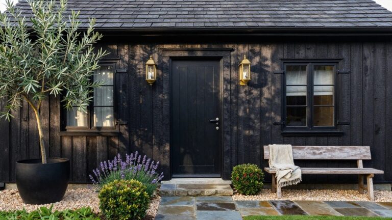 Black vertical board-and-batten house exterior with centered tall arched black front door, flanked by two lit brass lantern wall sconces, wooden bench with throw, stone steps, gravel ground cover, lavender and boxwood plantings, and olive tree.