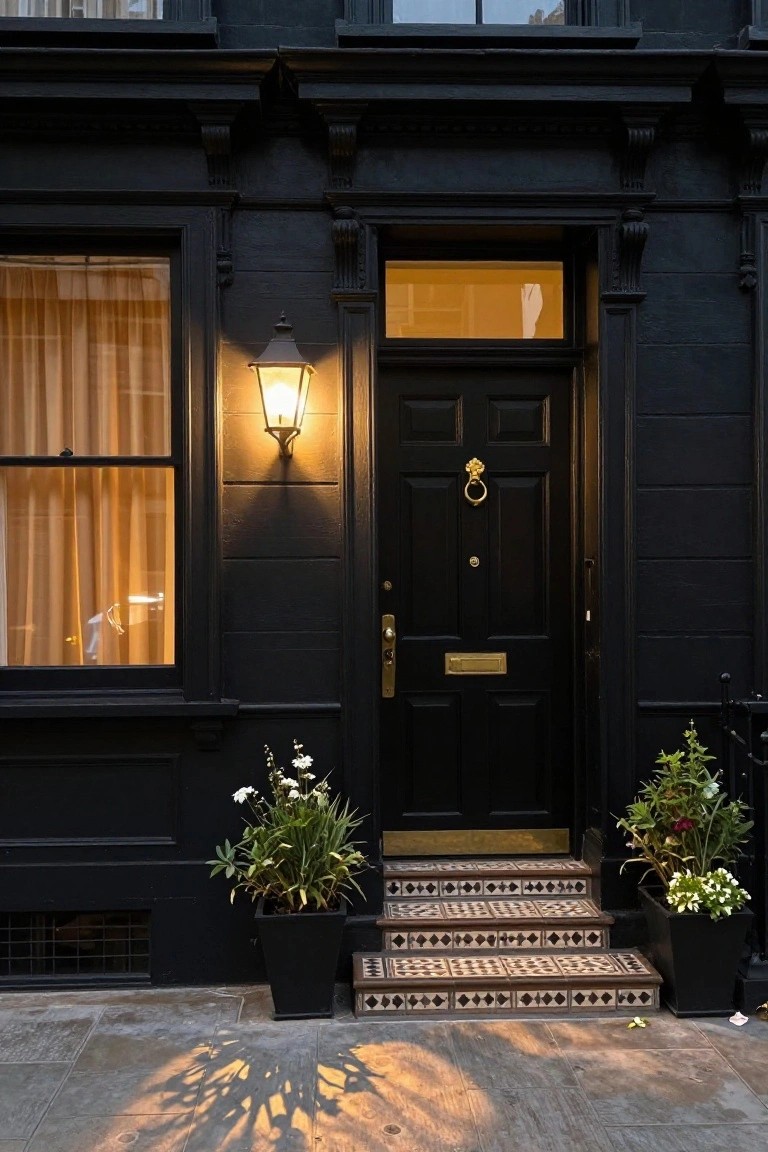 Black painted townhouse facade at dusk with lit lantern beside the front door, gold knocker and letterbox, potted plants flanking tiled steps, and warm light from a curtained window.