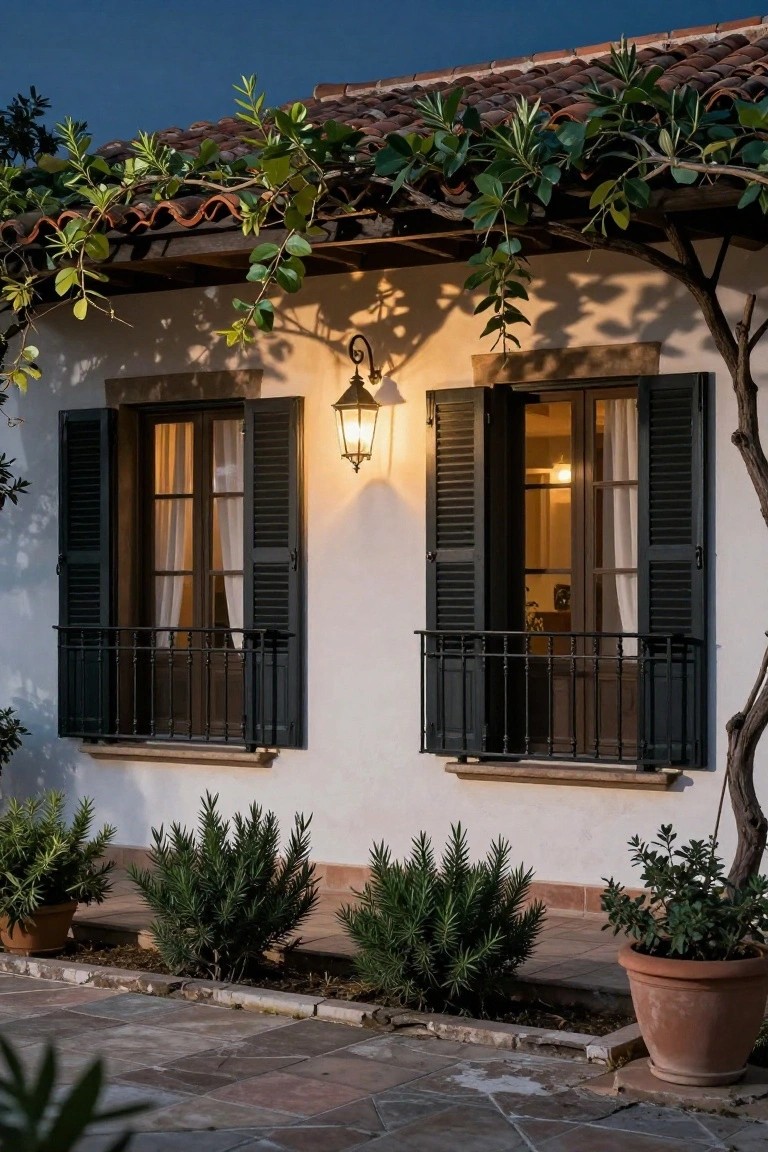 White stucco house facade at dusk with open black shutters on two balcony windows lit by wall-mounted lanterns, vines on roofline, potted rosemary plants, and terracotta pots on tiled patio.