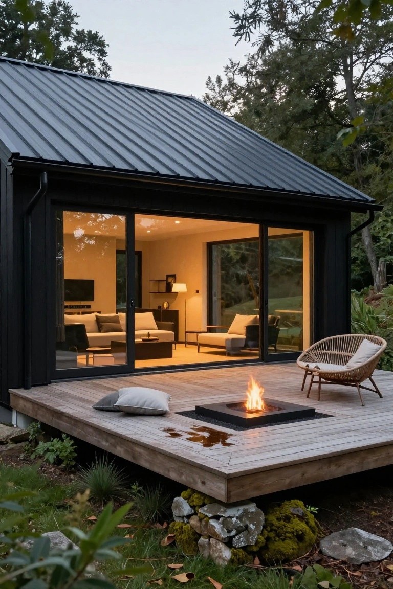 Black modern cabin exterior at dusk with large open sliding glass doors showing warm beige interior with sofa and lamps, wooden deck holding square gas fire pit and rattan chair with pillows, surrounded by trees and plants.