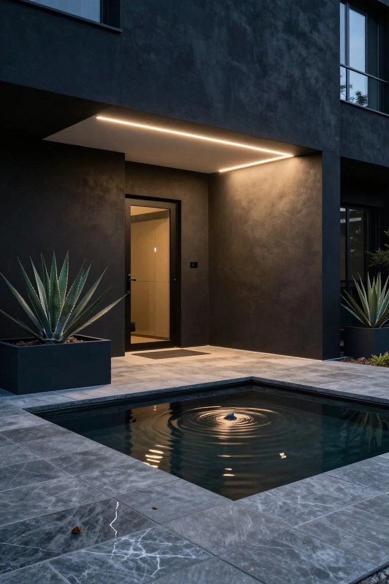 Nighttime view of a black stucco house entrance with a glass door lit by a recessed LED strip overhead, flanked by potted agave plants and a small square reflecting pool on gray tiled paving.